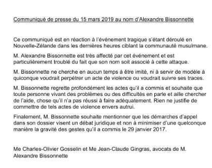 Alexandre Bissonnette troublé d'être associé aux attentats en Nouvelle-Zélande